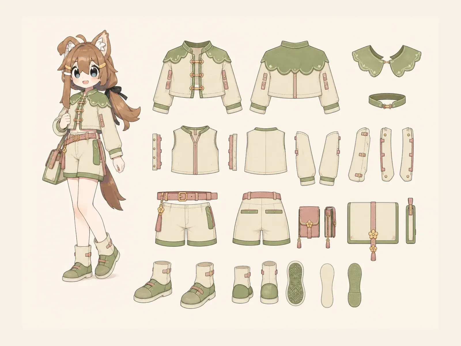 朝凪のアダプティブ・機能服・パーティー・社交衣装の衣装設定画。着用全身と衣装部品の構造を示す独立設定画。