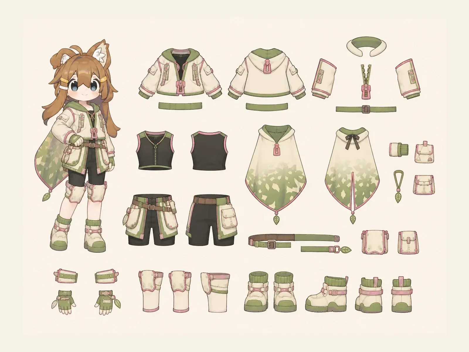 木漏れ日のカジュアル・戦闘・護衛衣装の衣装設定画。着用全身と衣装部品の構造を示す独立設定画。