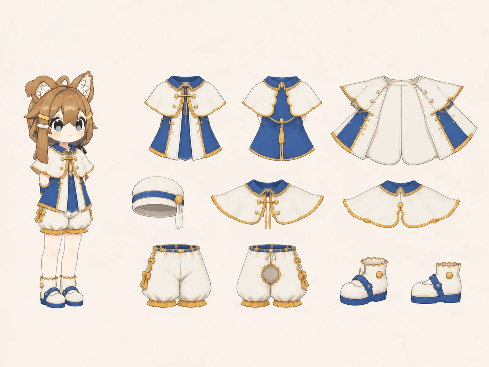 朝凪のクチュール・コスプレ・仮装衣装の衣装設定画。着用全身と衣装部品の構造を示す独立設定画。