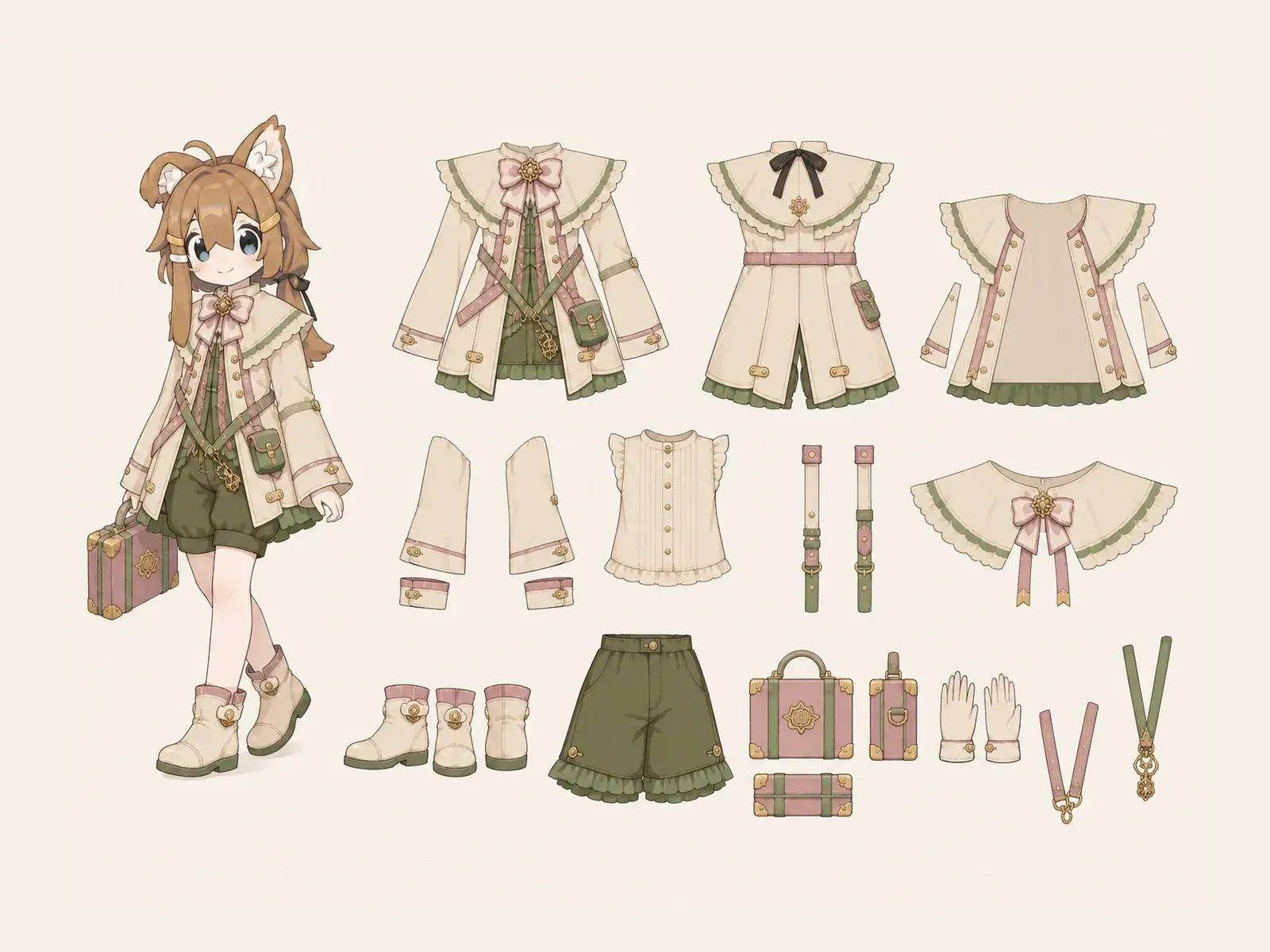 朝凪のファンタジー・スチームパンク・パーティー・社交衣装の衣装設定画。着用全身と衣装部品の構造を示す独立設定画。