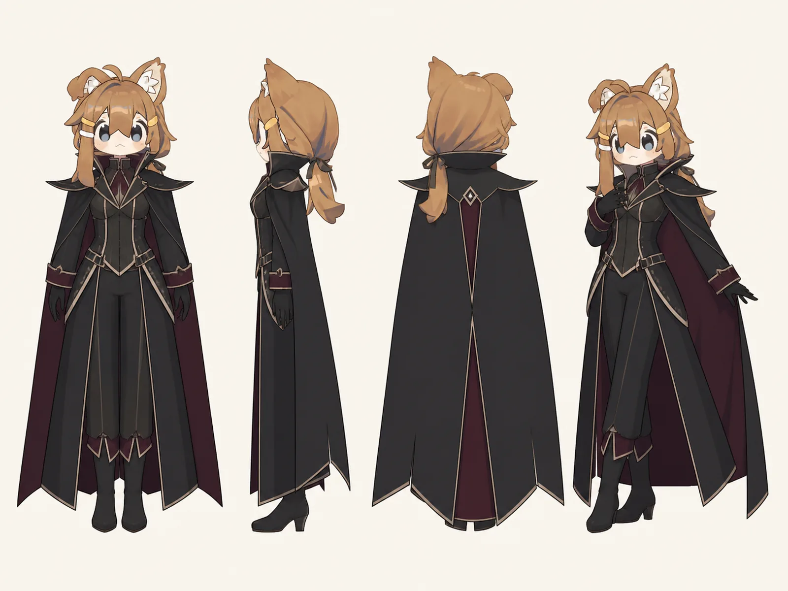 木漏れ日のゴシック・式典・礼装衣装を着たデフォルメ・ユニセックスモデルの正面、左側面、背面、任意ポーズを左から並べた衣装設計図。