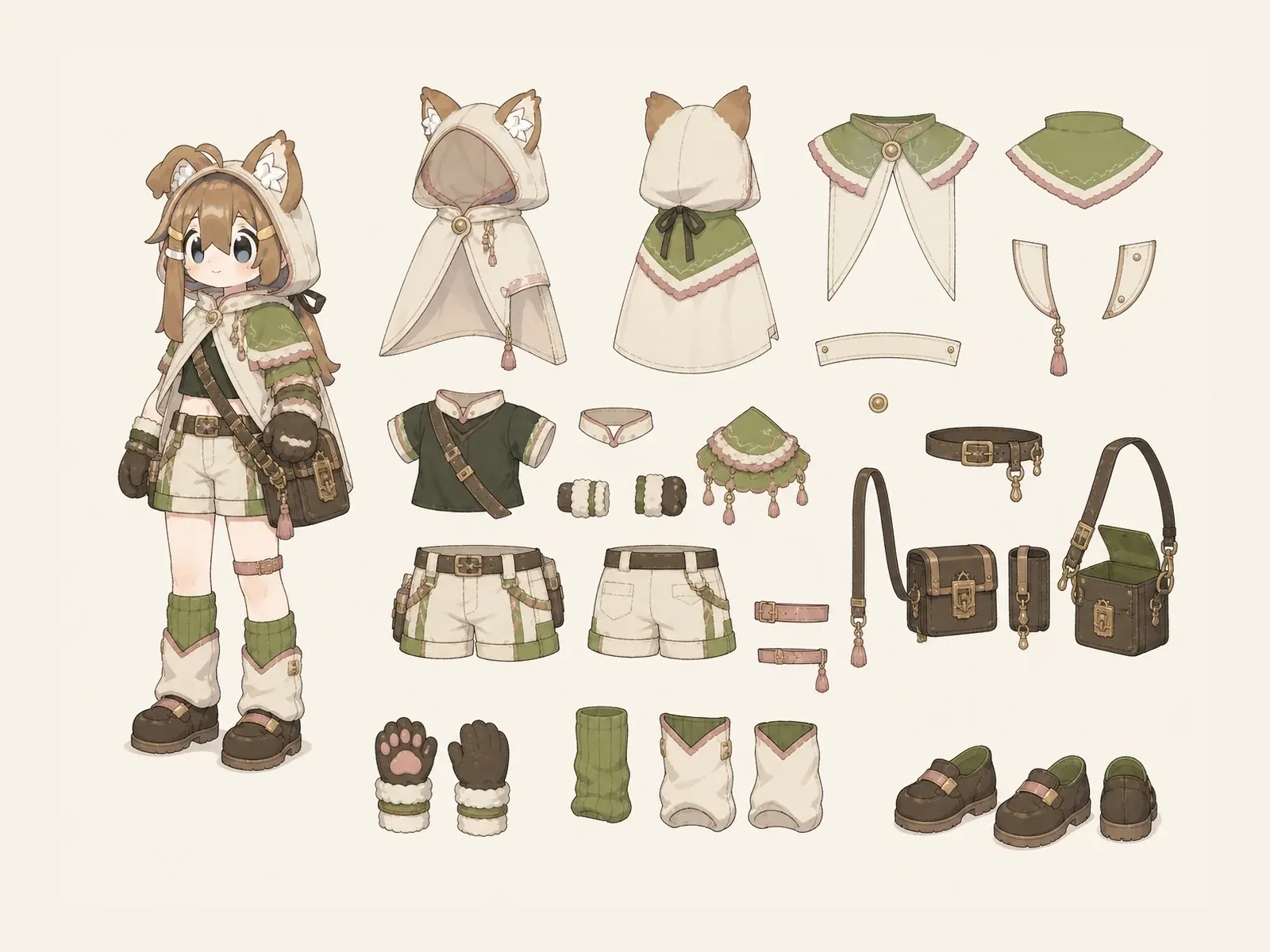 朝凪のケモノ・アニマル仮装・冒険・探索衣装の衣装設定画。着用全身と衣装部品の構造を示す独立設定画。