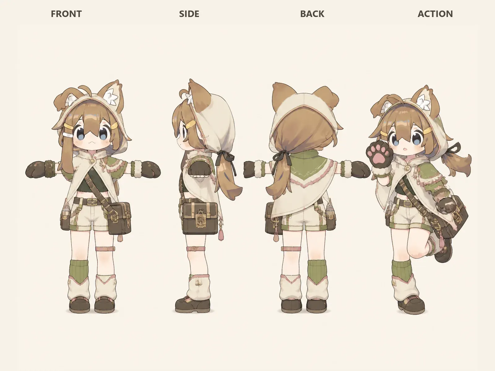 朝凪のケモノ・アニマル仮装・冒険・探索衣装を着たデフォルメ・ユニセックスモデルの正面、左側面、背面、任意ポーズを左から並べた衣装設計図。