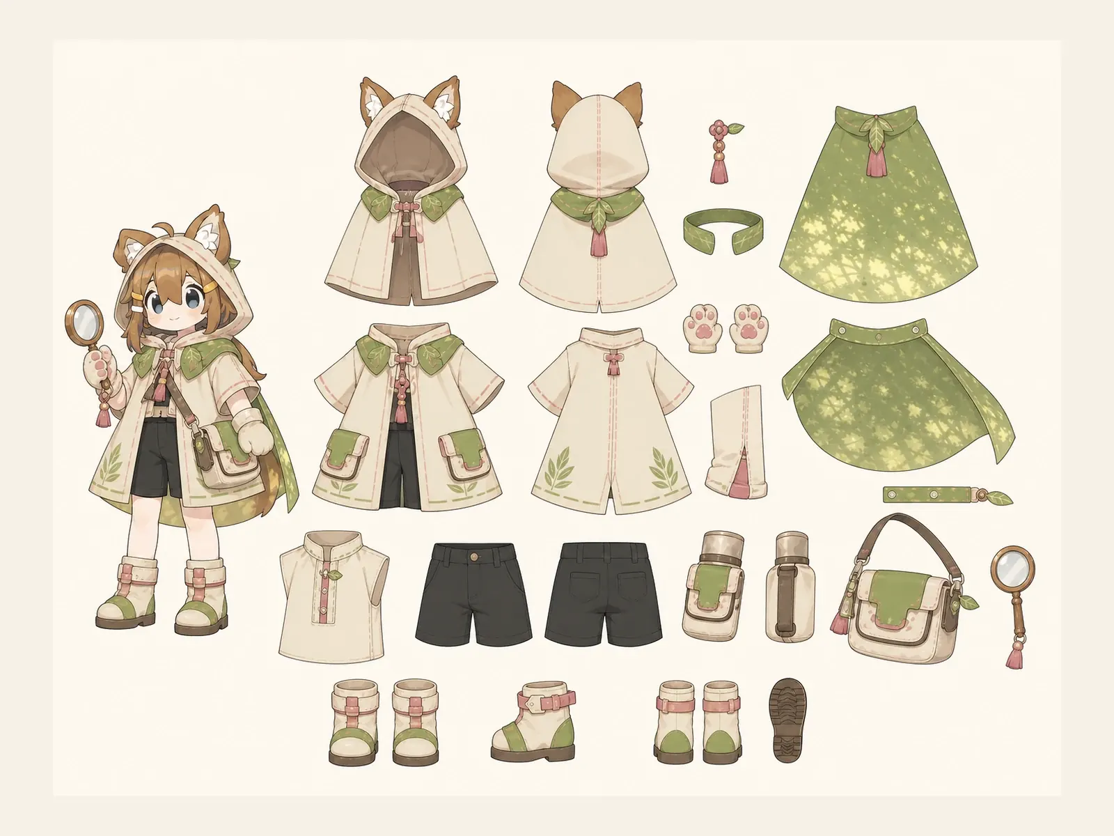 木漏れ日のケモノ・アニマル仮装・冒険・探索衣装の衣装設定画。着用全身と衣装部品の構造を示す独立設定画。