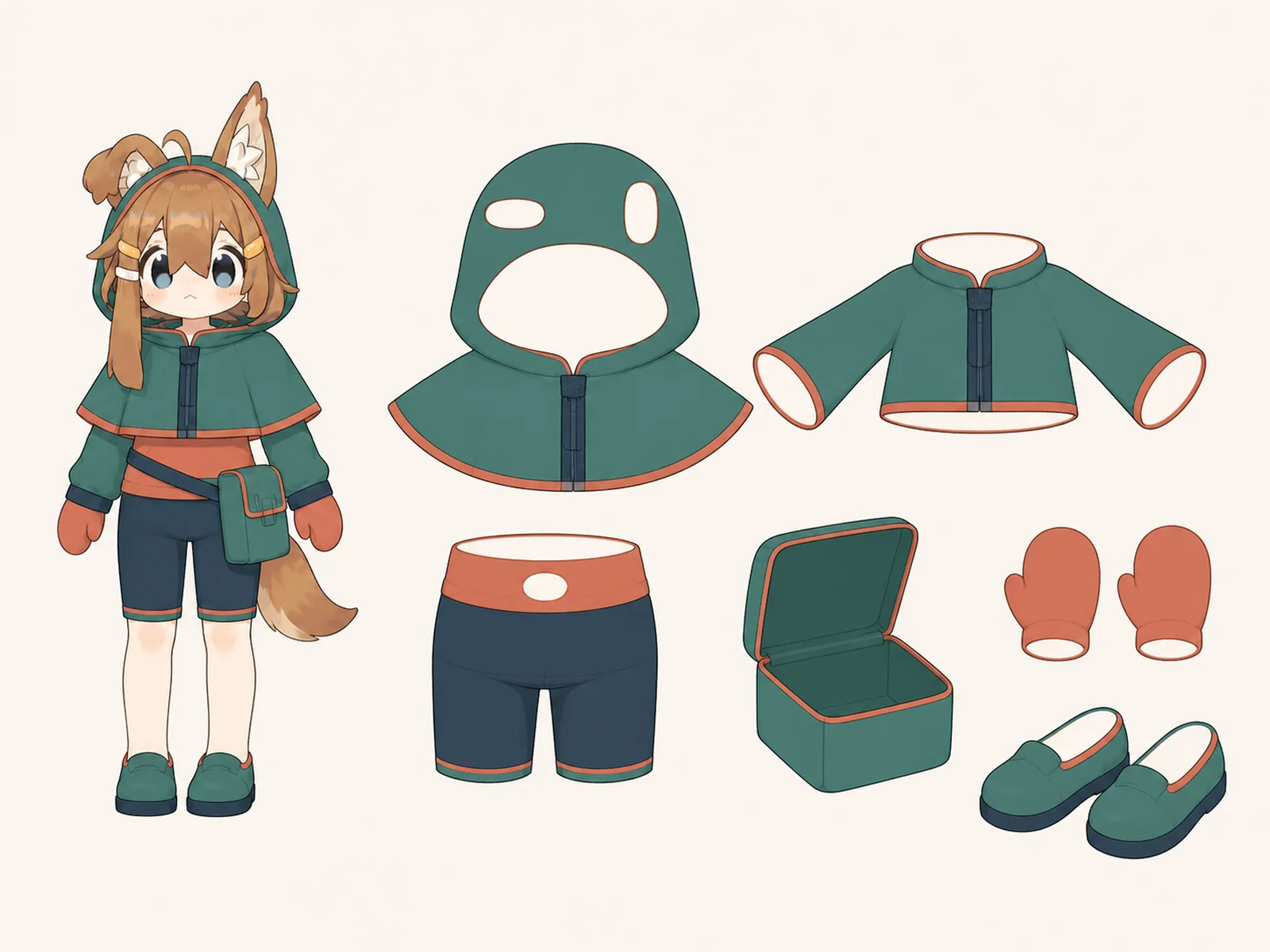 夕映えのケモノ・アニマル仮装・冒険・探索衣装の衣装設定画。着用全身と衣装部品の構造を示す独立設定画。
