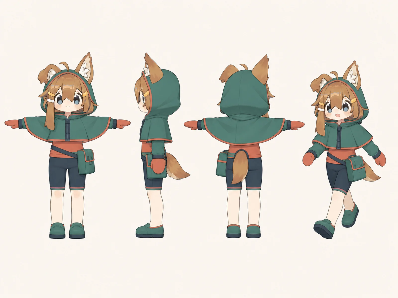 夕映えのケモノ・アニマル仮装・冒険・探索衣装を着たデフォルメ・ユニセックスモデルの正面、左側面、背面、任意ポーズを左から並べた衣装設計図。