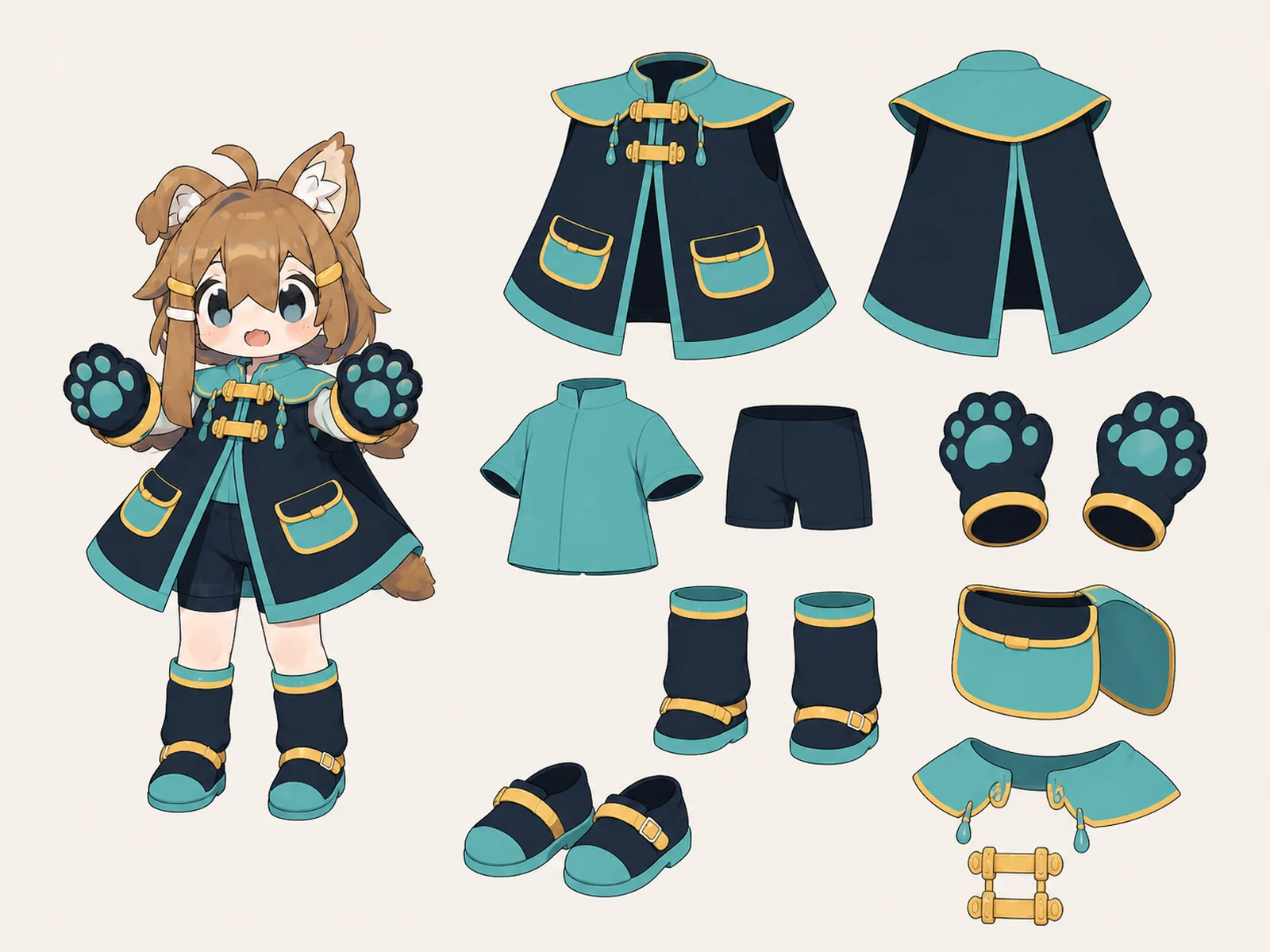 朝凪のケモノ・アニマル仮装・戦闘・護衛衣装の衣装設定画。着用全身と衣装部品の構造を示す独立設定画。