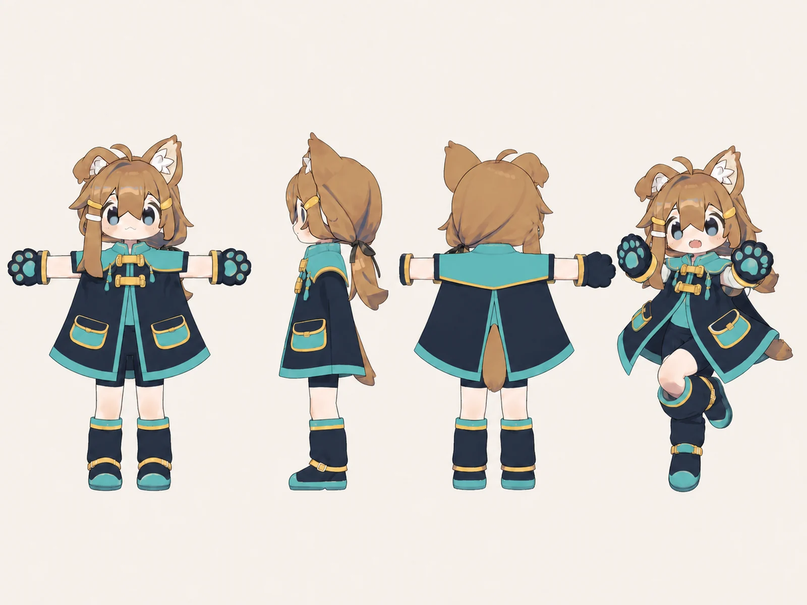 朝凪のケモノ・アニマル仮装・戦闘・護衛衣装を着たデフォルメ・ユニセックスモデルの正面、左側面、背面、任意ポーズを左から並べた衣装設計図。