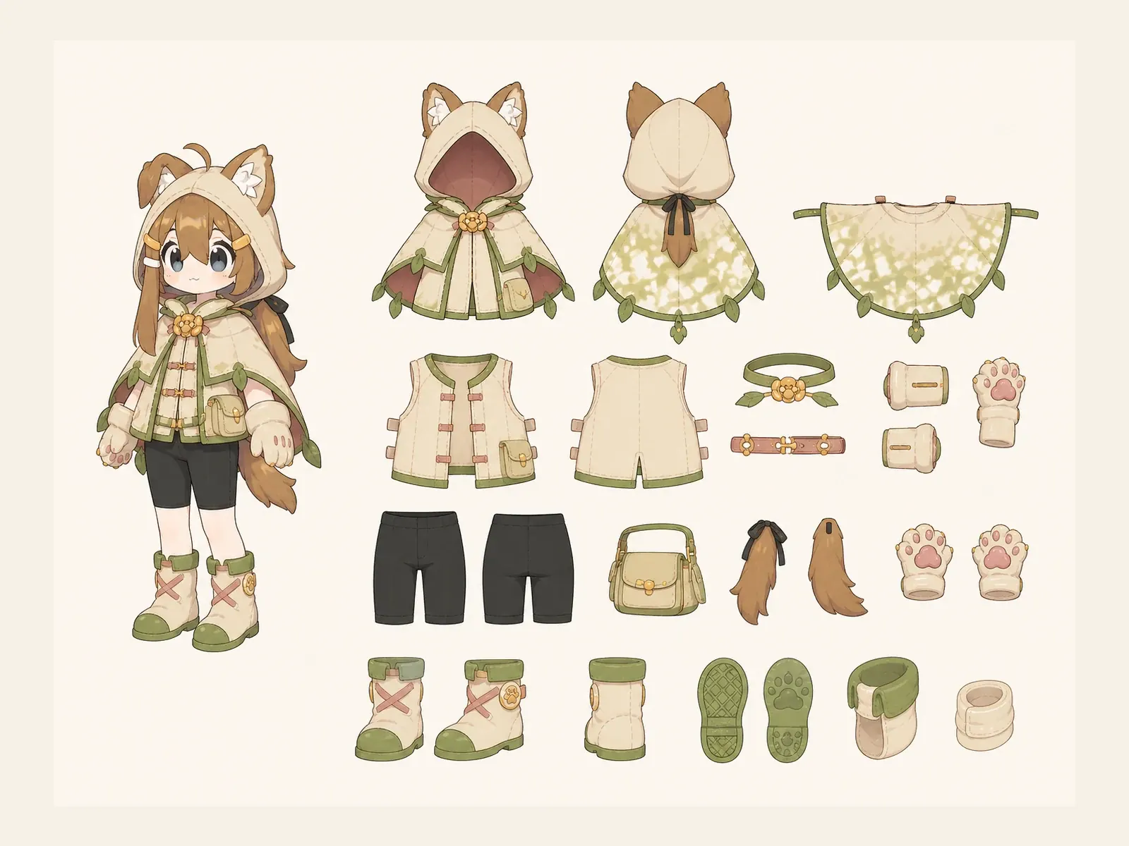 木漏れ日のケモノ・アニマル仮装・戦闘・護衛衣装の衣装設定画。着用全身と衣装部品の構造を示す独立設定画。
