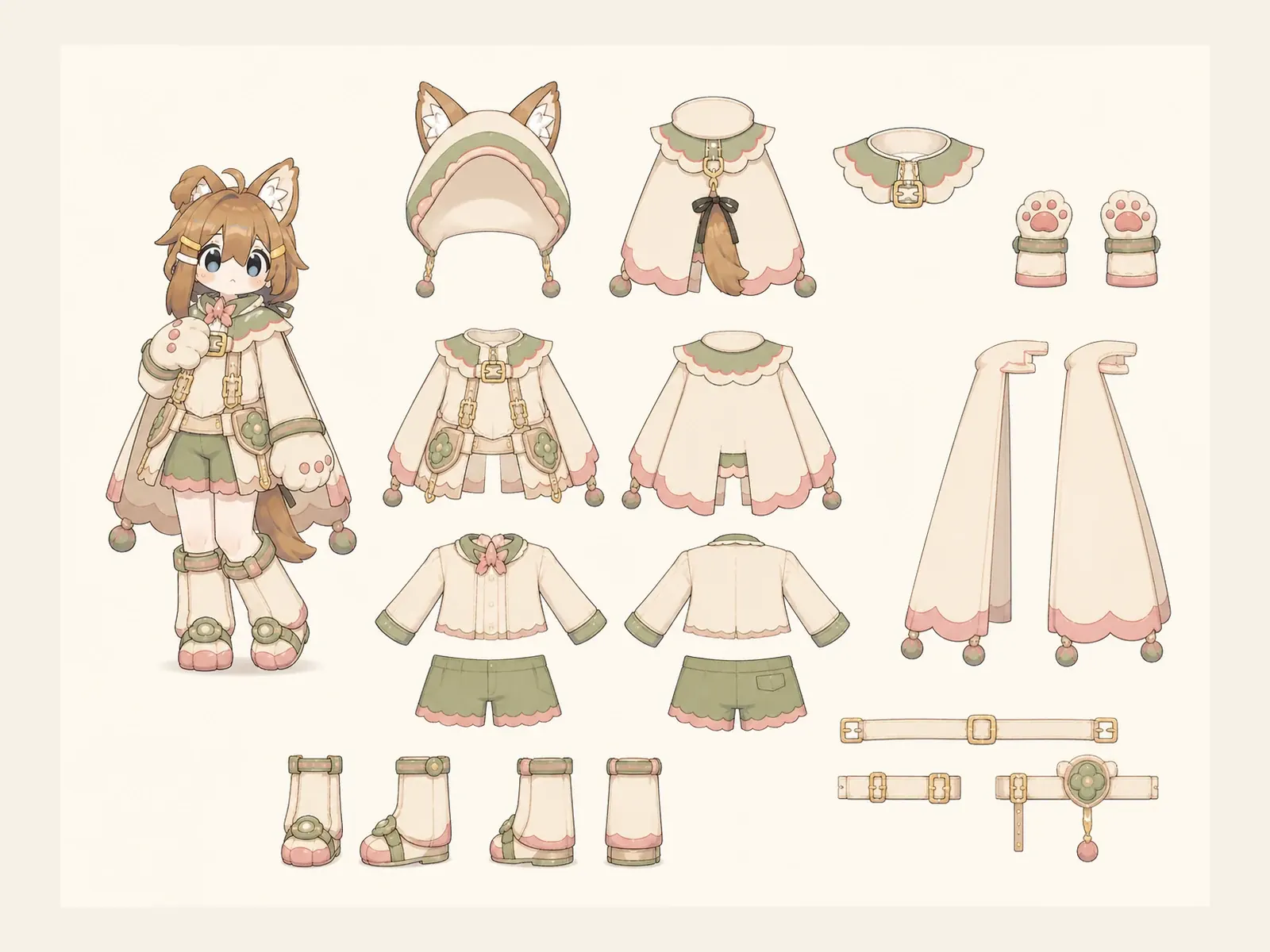 朝凪のケモノ・アニマル仮装・式典・礼装衣装の衣装設定画。着用全身と衣装部品の構造を示す独立設定画。
