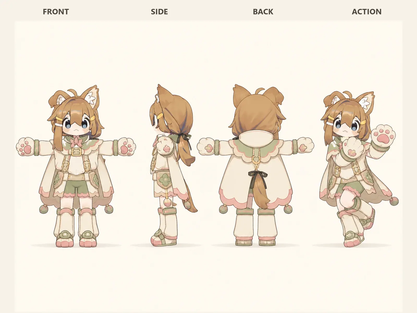 朝凪のケモノ・アニマル仮装・式典・礼装衣装を着たデフォルメ・ユニセックスモデルの正面、左側面、背面、任意ポーズを左から並べた衣装設計図。