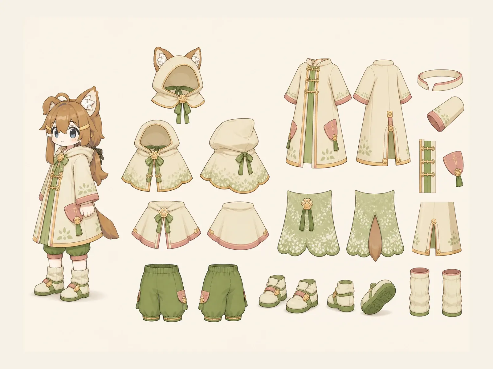 木漏れ日のケモノ・アニマル仮装・式典・礼装衣装の衣装設定画。着用全身と衣装部品の構造を示す独立設定画。