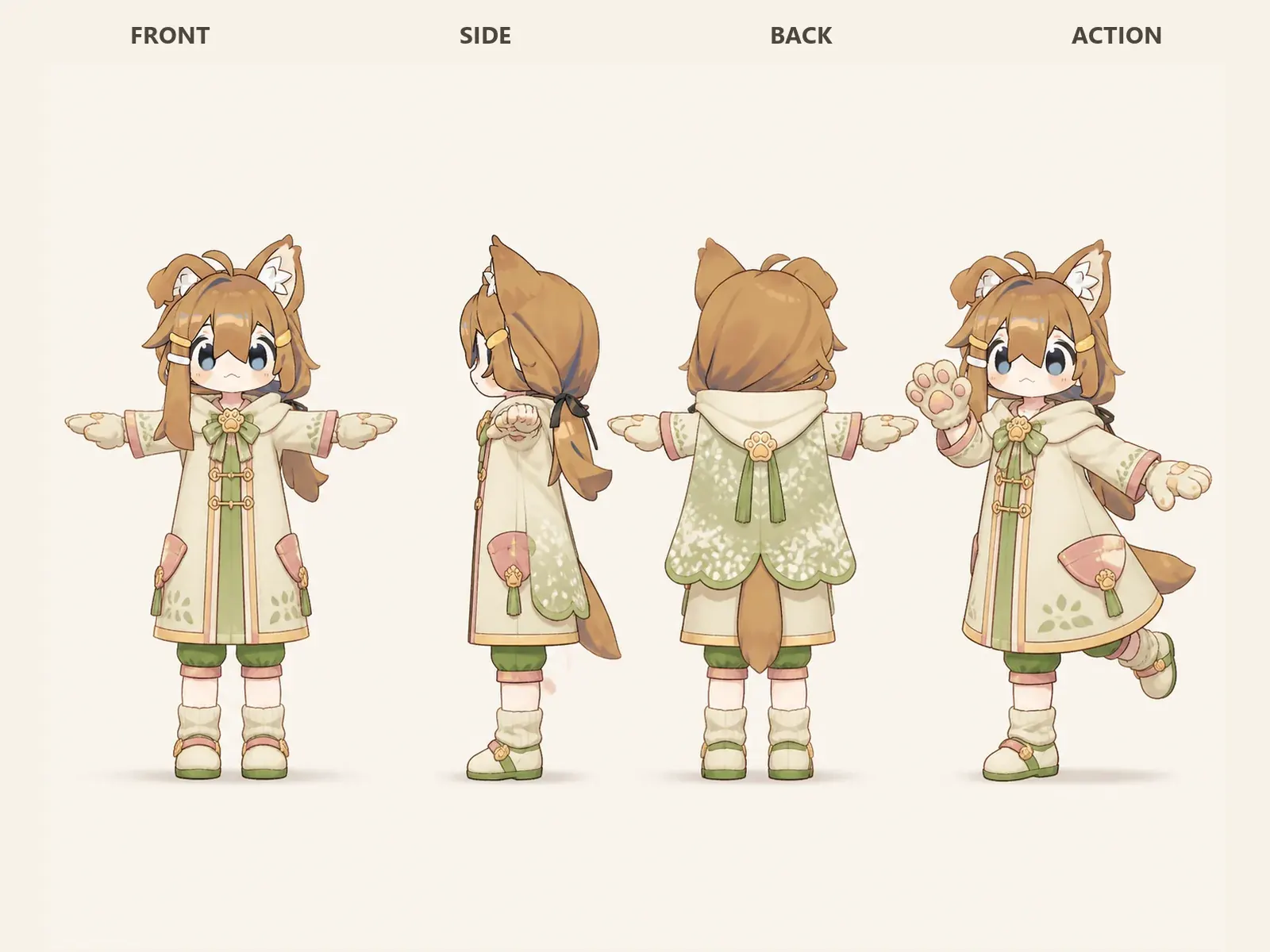 木漏れ日のケモノ・アニマル仮装・式典・礼装衣装を着たデフォルメ・ユニセックスモデルの正面、左側面、背面、任意ポーズを左から並べた衣装設計図。