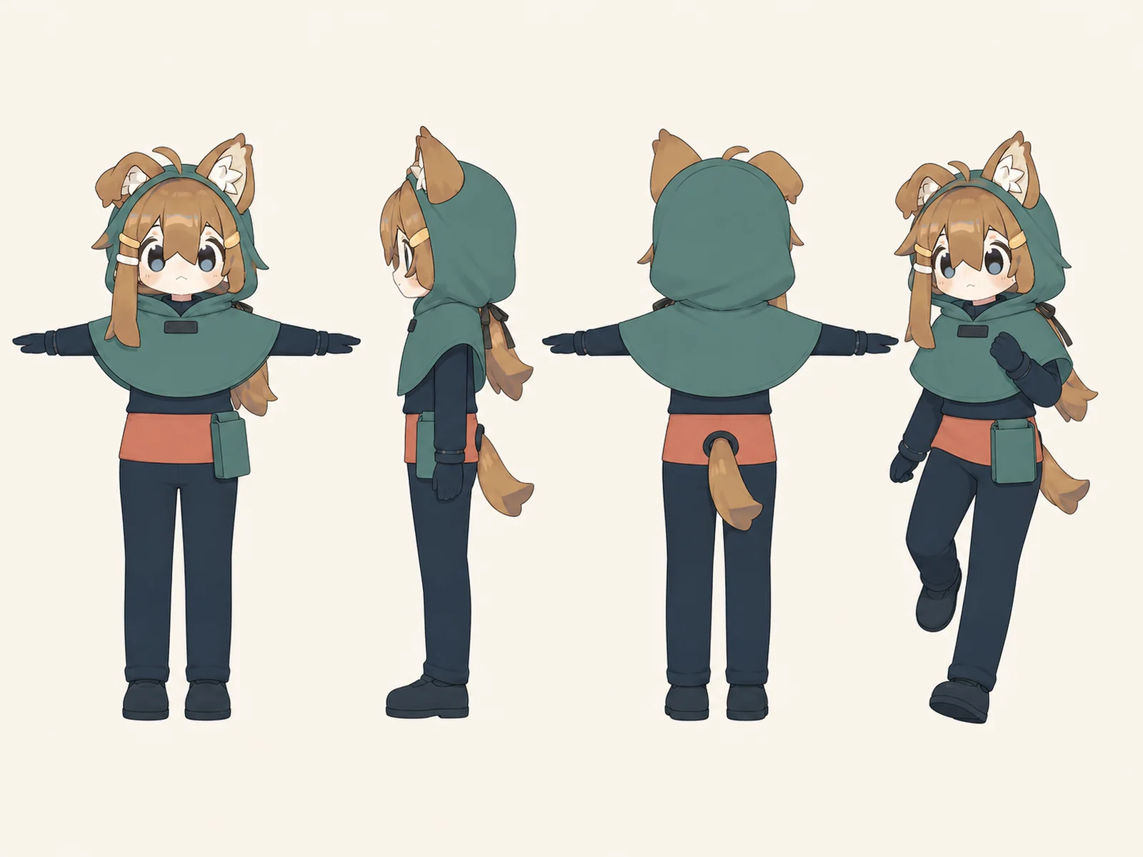 夕映えのケモノ・アニマル仮装・式典・礼装衣装を着たデフォルメ・ユニセックスモデルの正面、左側面、背面、任意ポーズを左から並べた衣装設計図。