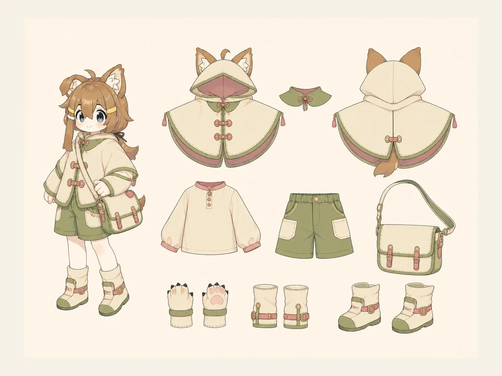 朝凪のケモノ・アニマル仮装・通勤・通学衣装の衣装設定画。着用全身と衣装部品の構造を示す独立設定画。