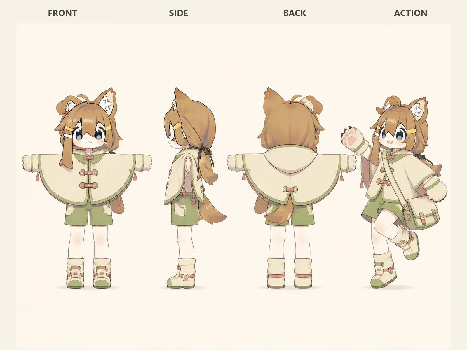 朝凪のケモノ・アニマル仮装・通勤・通学衣装を着たデフォルメ・ユニセックスモデルの正面、左側面、背面、任意ポーズを左から並べた衣装設計図。