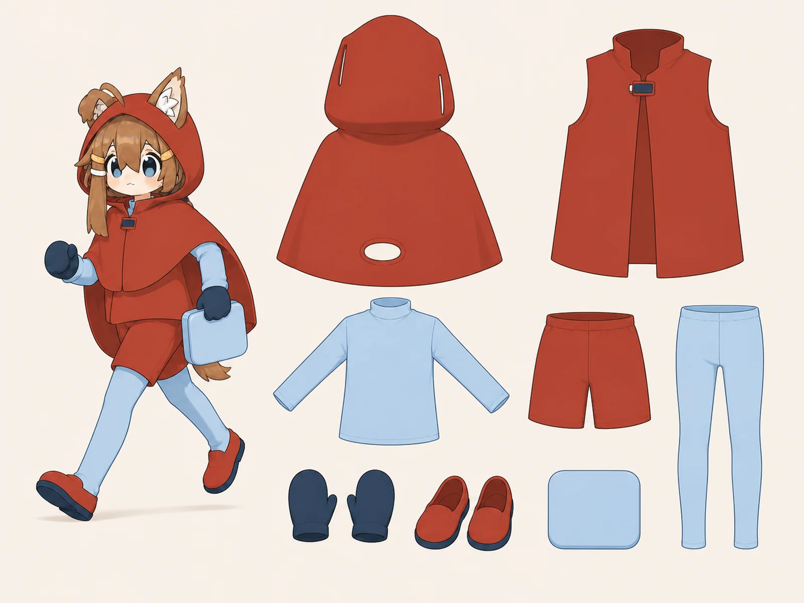 木漏れ日のケモノ・アニマル仮装・通勤・通学衣装の衣装設定画。着用全身と衣装部品の構造を示す独立設定画。