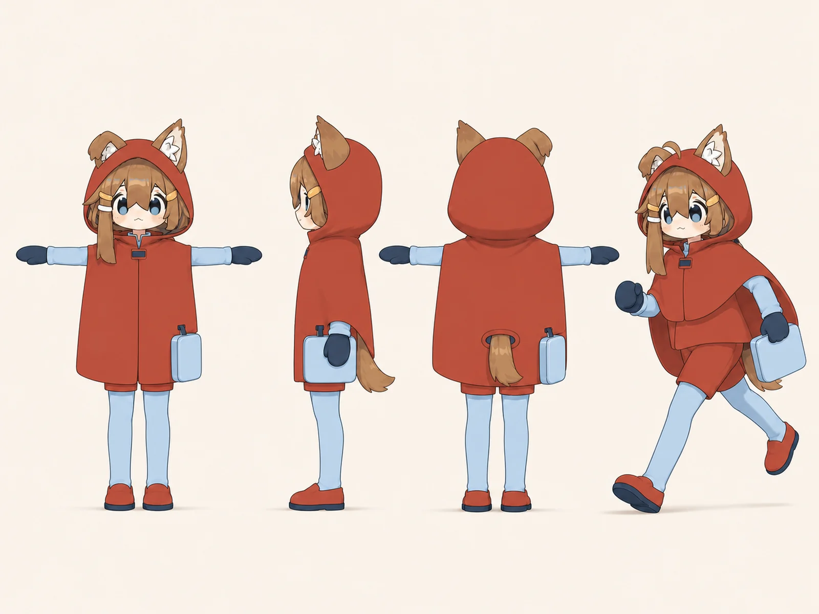 木漏れ日のケモノ・アニマル仮装・通勤・通学衣装を着たデフォルメ・ユニセックスモデルの正面、左側面、背面、任意ポーズを左から並べた衣装設計図。
