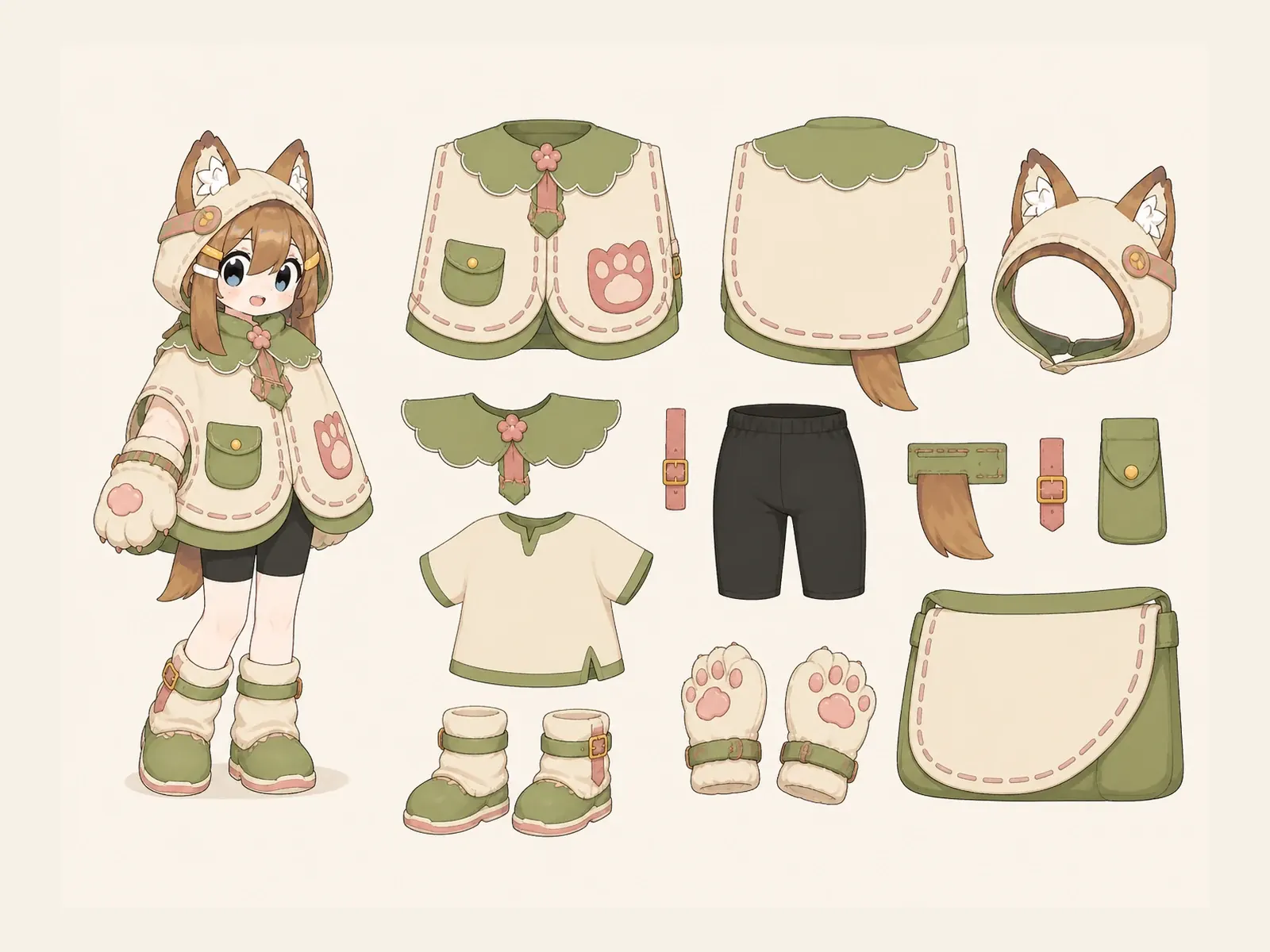 朝凪のケモノ・アニマル仮装・コスプレ・仮装衣装の衣装設定画。着用全身と衣装部品の構造を示す独立設定画。