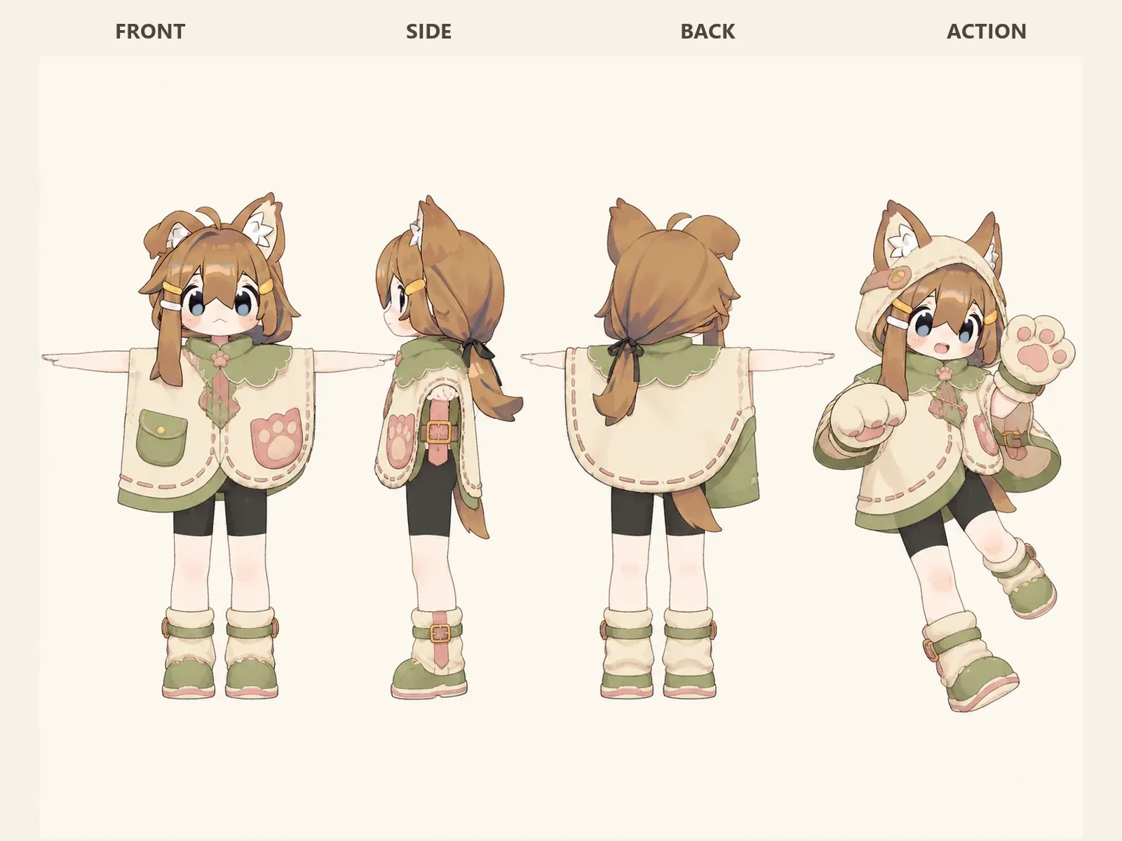 朝凪のケモノ・アニマル仮装・コスプレ・仮装衣装を着たデフォルメ・ユニセックスモデルの正面、左側面、背面、任意ポーズを左から並べた衣装設計図。