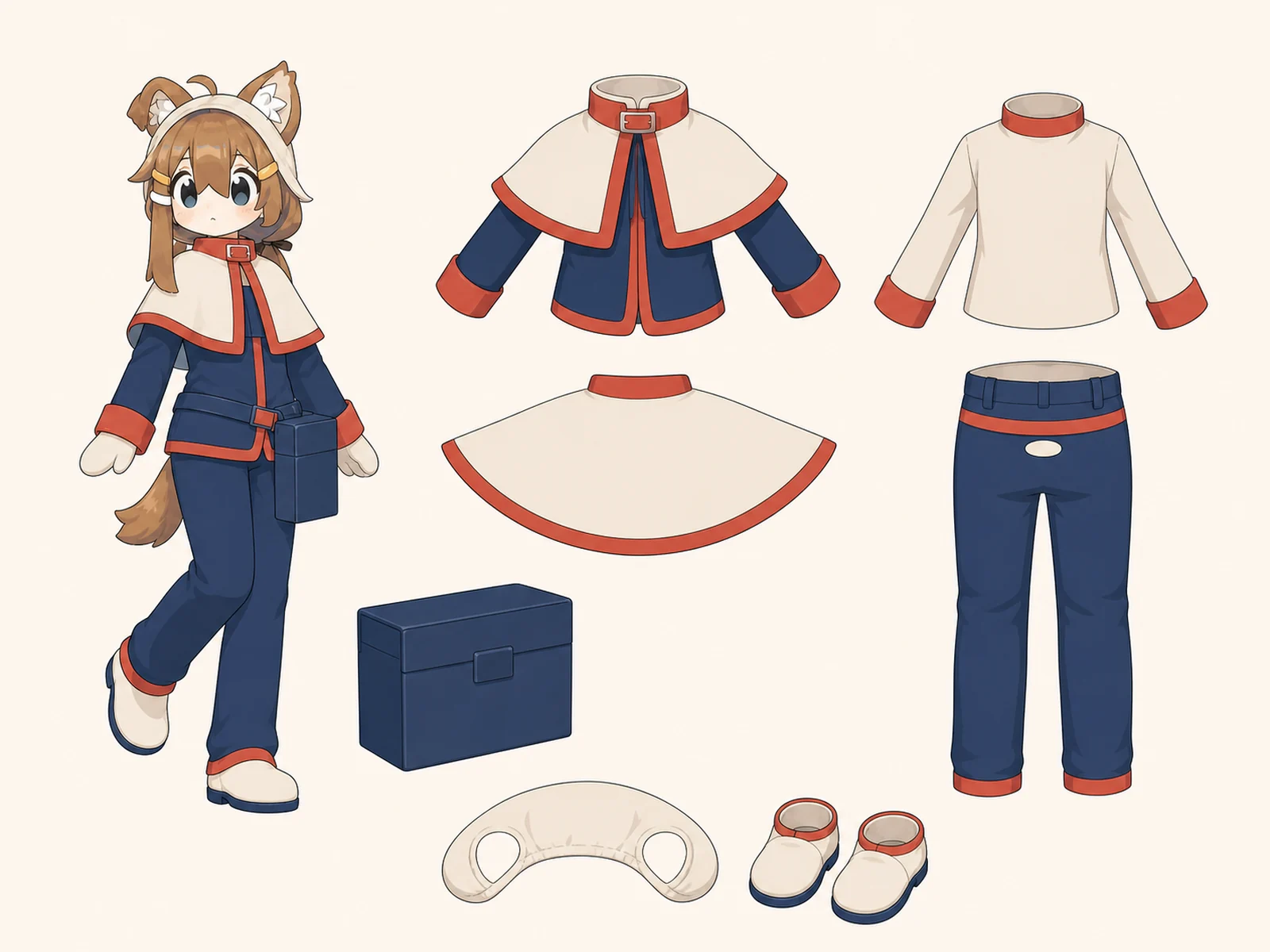 木漏れ日のケモノ・アニマル仮装・コスプレ・仮装衣装の衣装設定画。着用全身と衣装部品の構造を示す独立設定画。