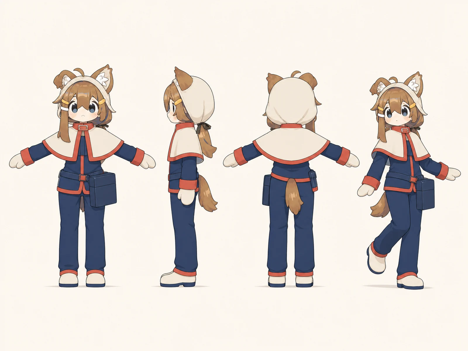 木漏れ日のケモノ・アニマル仮装・コスプレ・仮装衣装を着たデフォルメ・ユニセックスモデルの正面、左側面、背面、任意ポーズを左から並べた衣装設計図。