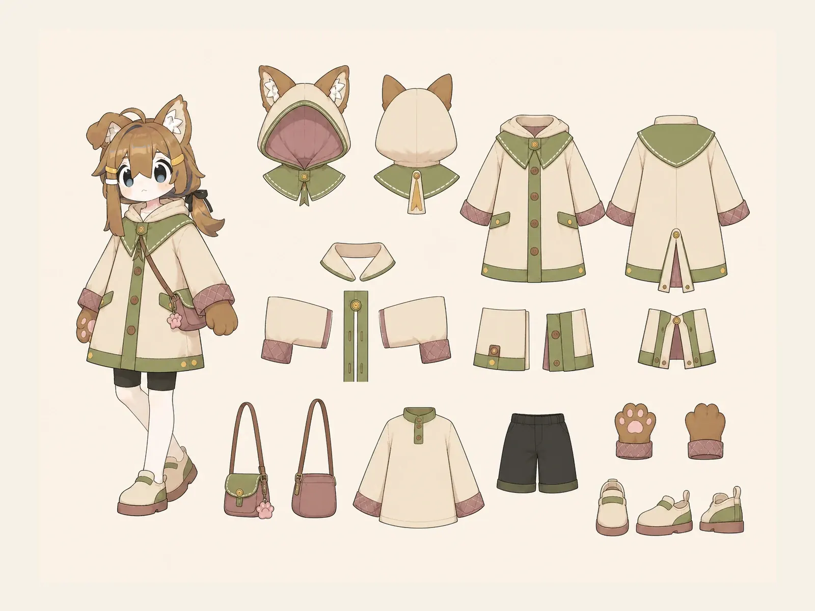 朝凪のケモノ・アニマル仮装・日常・街着衣装の衣装設定画。着用全身と衣装部品の構造を示す独立設定画。