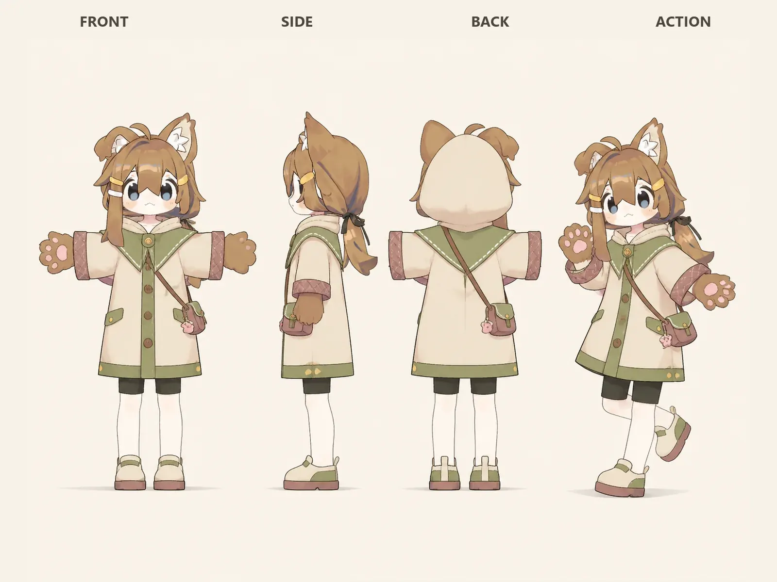 朝凪のケモノ・アニマル仮装・日常・街着衣装を着たデフォルメ・ユニセックスモデルの正面、左側面、背面、任意ポーズを左から並べた衣装設計図。