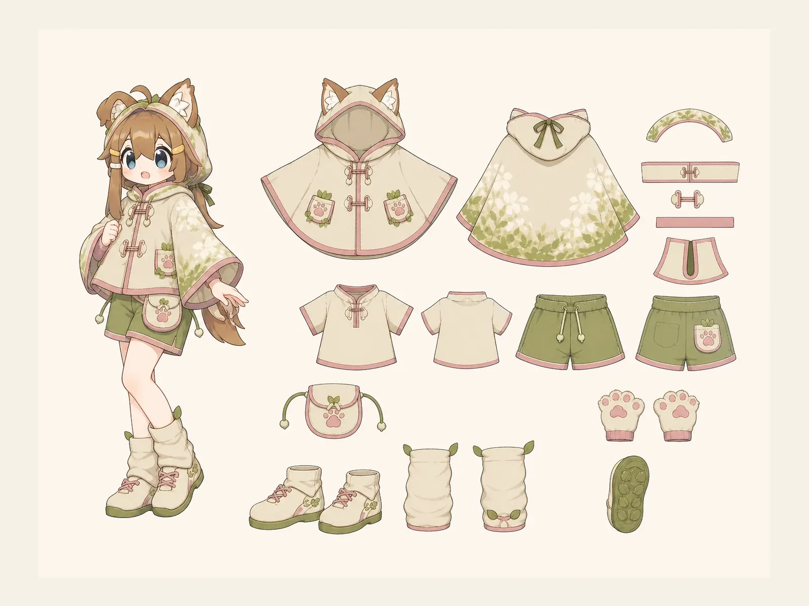 木漏れ日のケモノ・アニマル仮装・日常・街着衣装の衣装設定画。着用全身と衣装部品の構造を示す独立設定画。