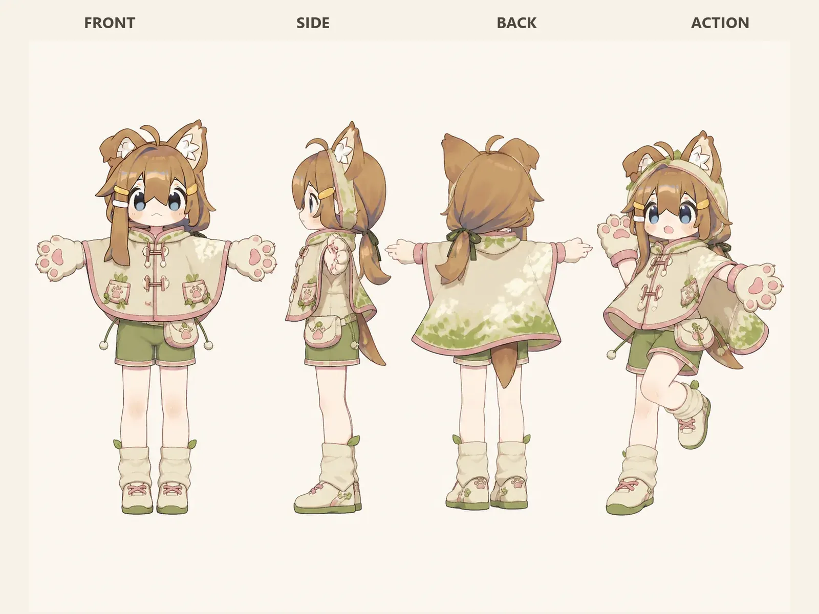 木漏れ日のケモノ・アニマル仮装・日常・街着衣装を着たデフォルメ・ユニセックスモデルの正面、左側面、背面、任意ポーズを左から並べた衣装設計図。