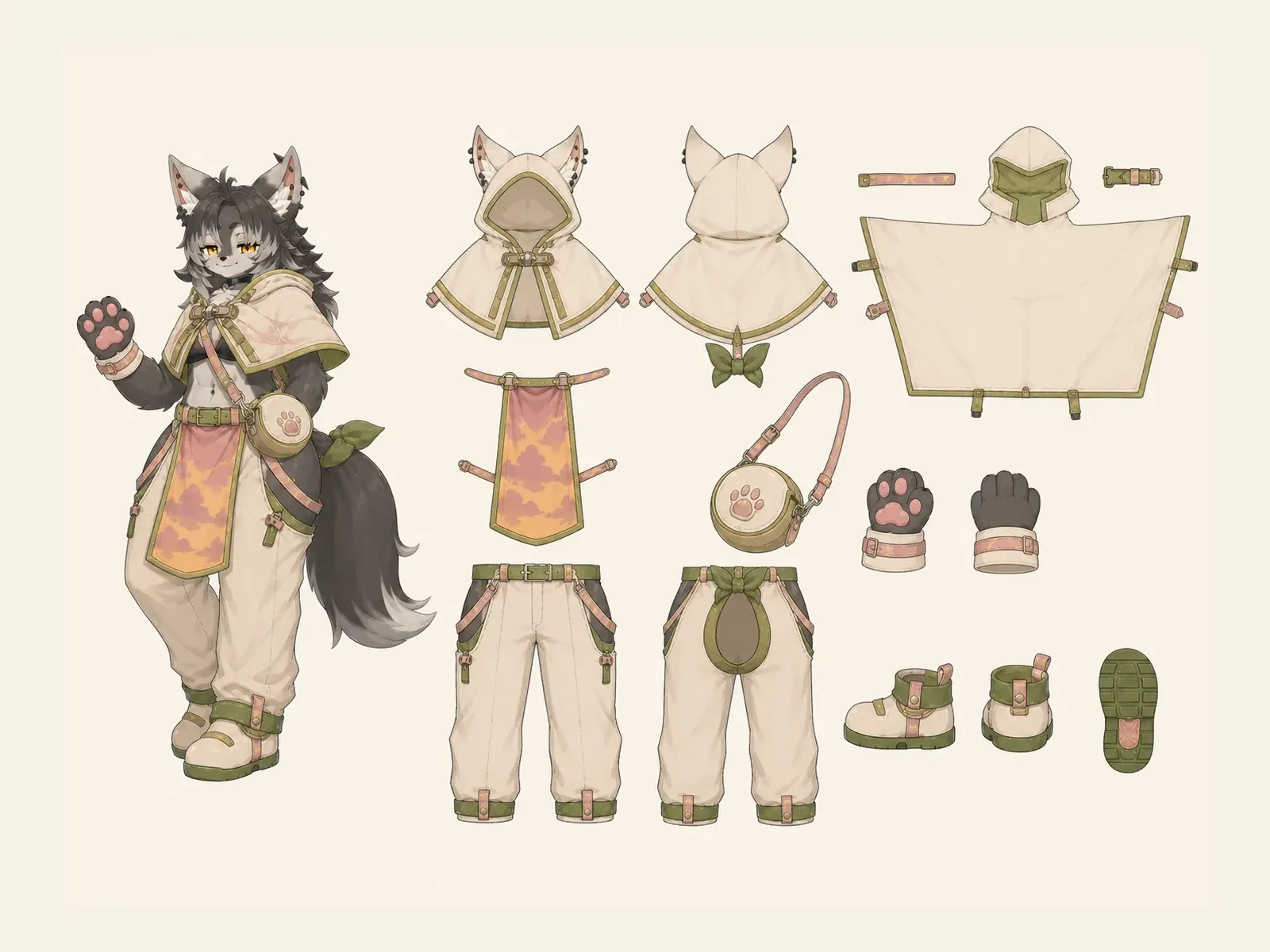 夕映えのケモノ・アニマル仮装・日常・街着衣装の衣装設定画。着用全身と衣装部品の構造を示す独立設定画。