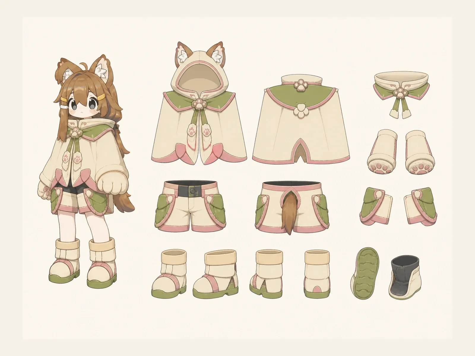 朝凪のケモノ・アニマル仮装・展示・鑑賞衣装の衣装設定画。着用全身と衣装部品の構造を示す独立設定画。