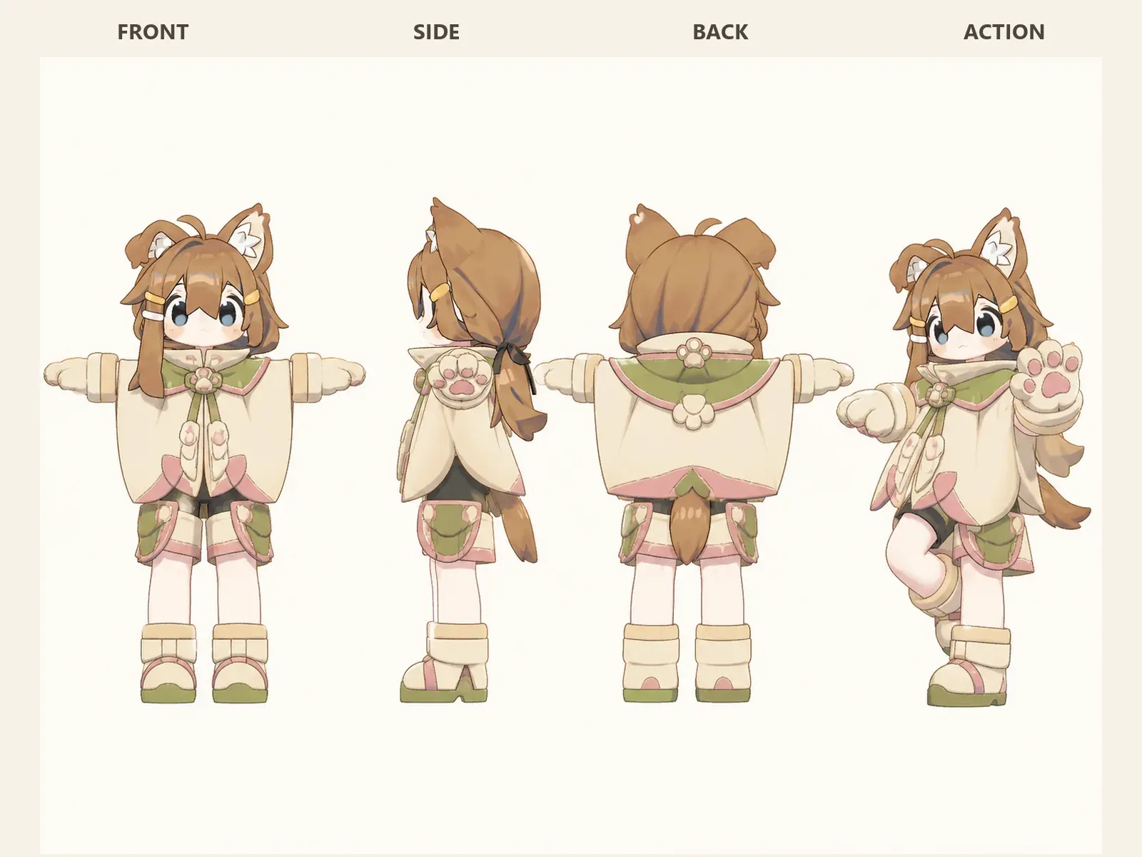 朝凪のケモノ・アニマル仮装・展示・鑑賞衣装を着たデフォルメ・ユニセックスモデルの正面、左側面、背面、任意ポーズを左から並べた衣装設計図。
