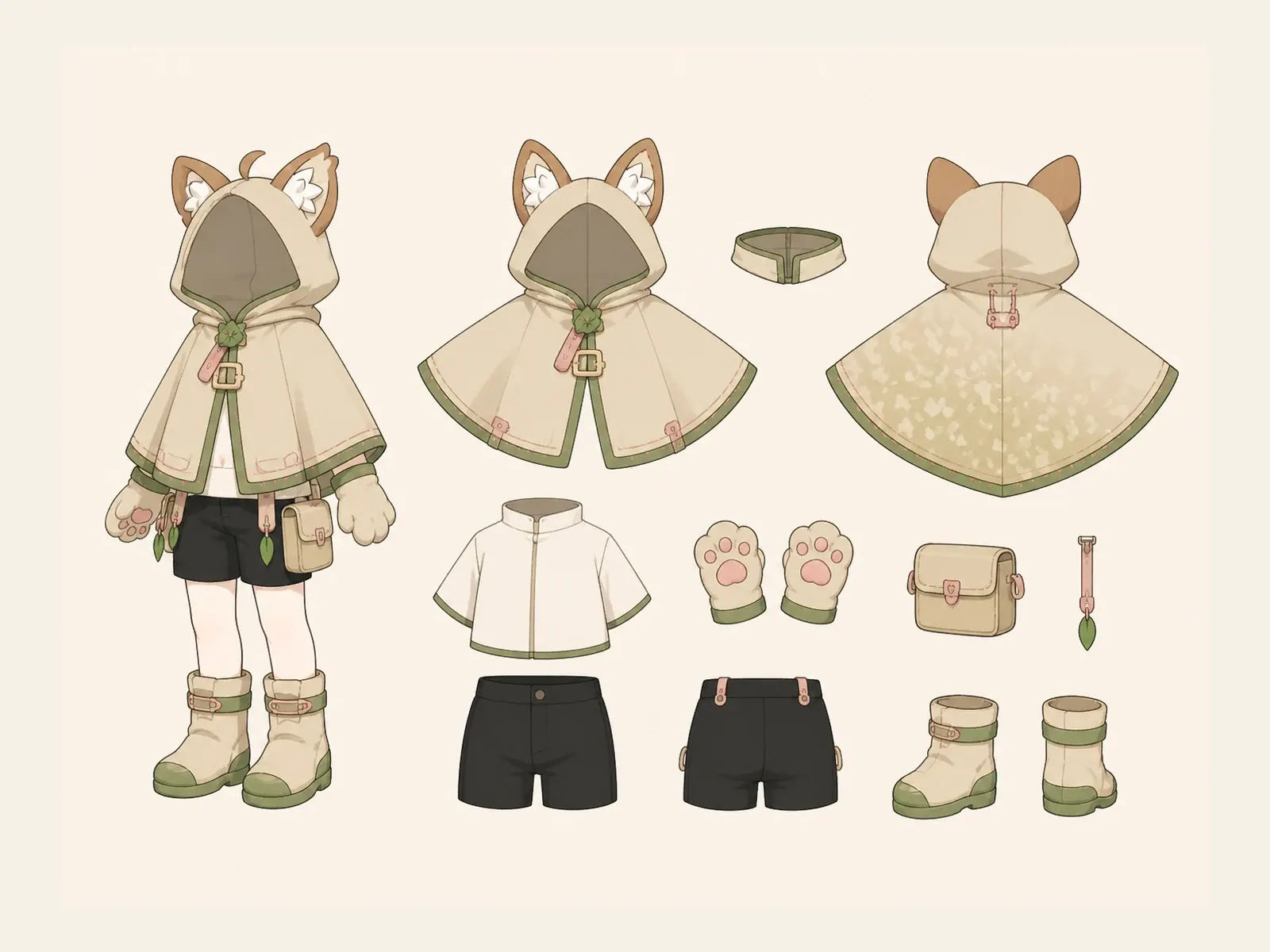 木漏れ日のケモノ・アニマル仮装・展示・鑑賞衣装の衣装設定画。着用全身と衣装部品の構造を示す独立設定画。