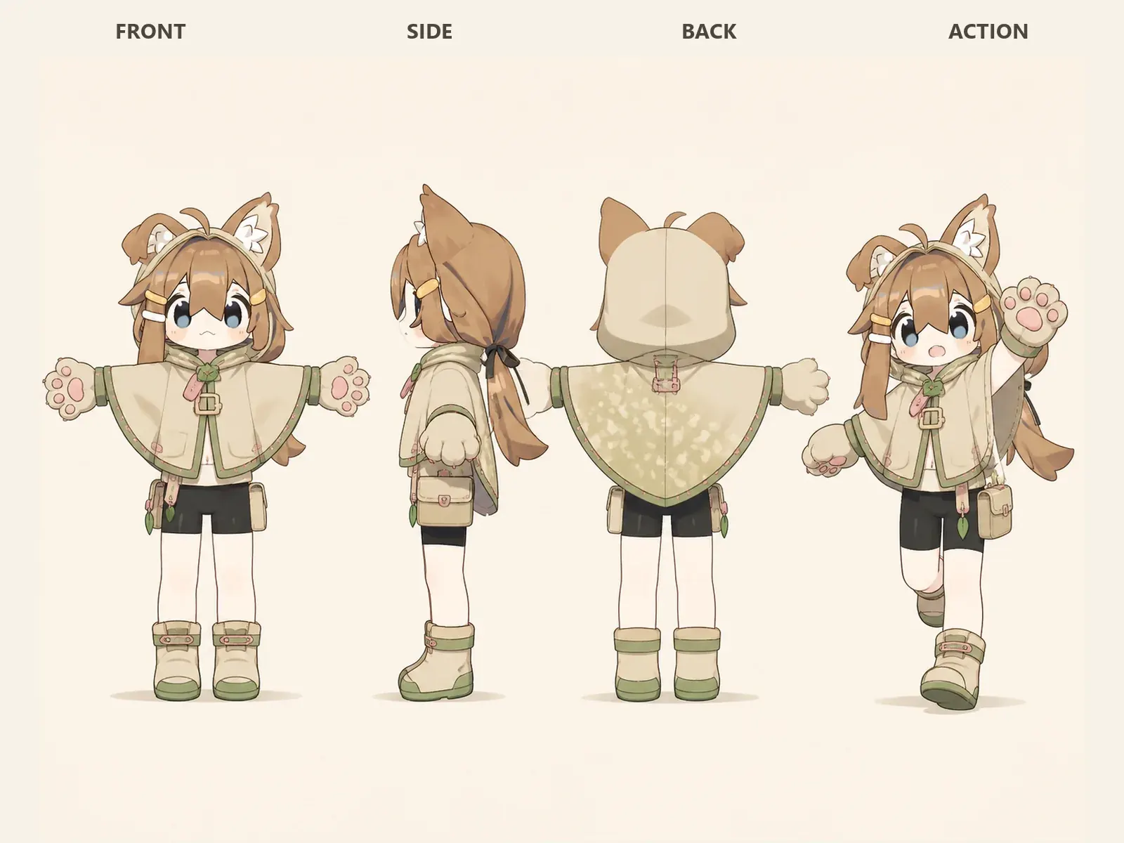 木漏れ日のケモノ・アニマル仮装・展示・鑑賞衣装を着たデフォルメ・ユニセックスモデルの正面、左側面、背面、任意ポーズを左から並べた衣装設計図。