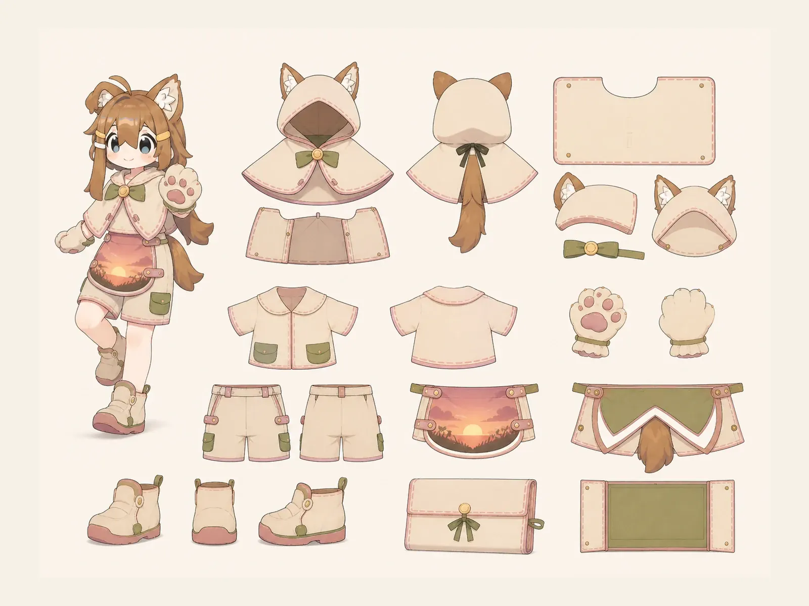 夕映えのケモノ・アニマル仮装・展示・鑑賞衣装の衣装設定画。着用全身と衣装部品の構造を示す独立設定画。