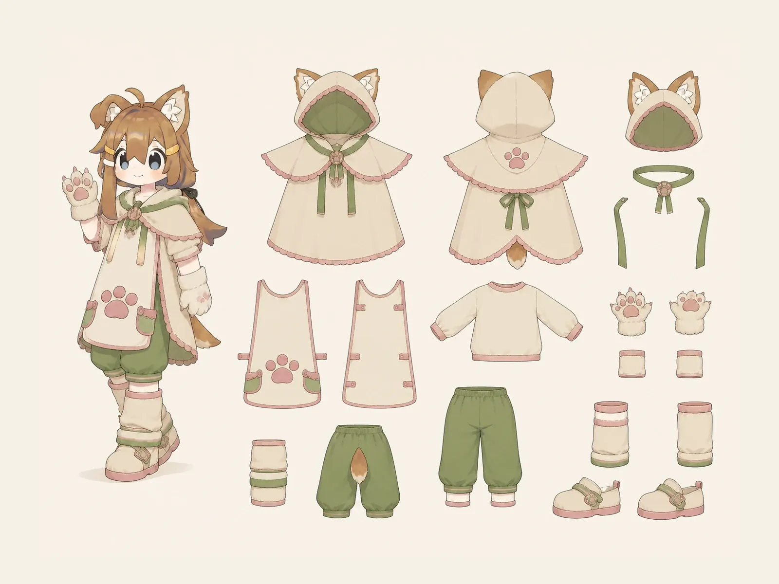朝凪のケモノ・アニマル仮装・医療・ケア衣装の衣装設定画。着用全身と衣装部品の構造を示す独立設定画。