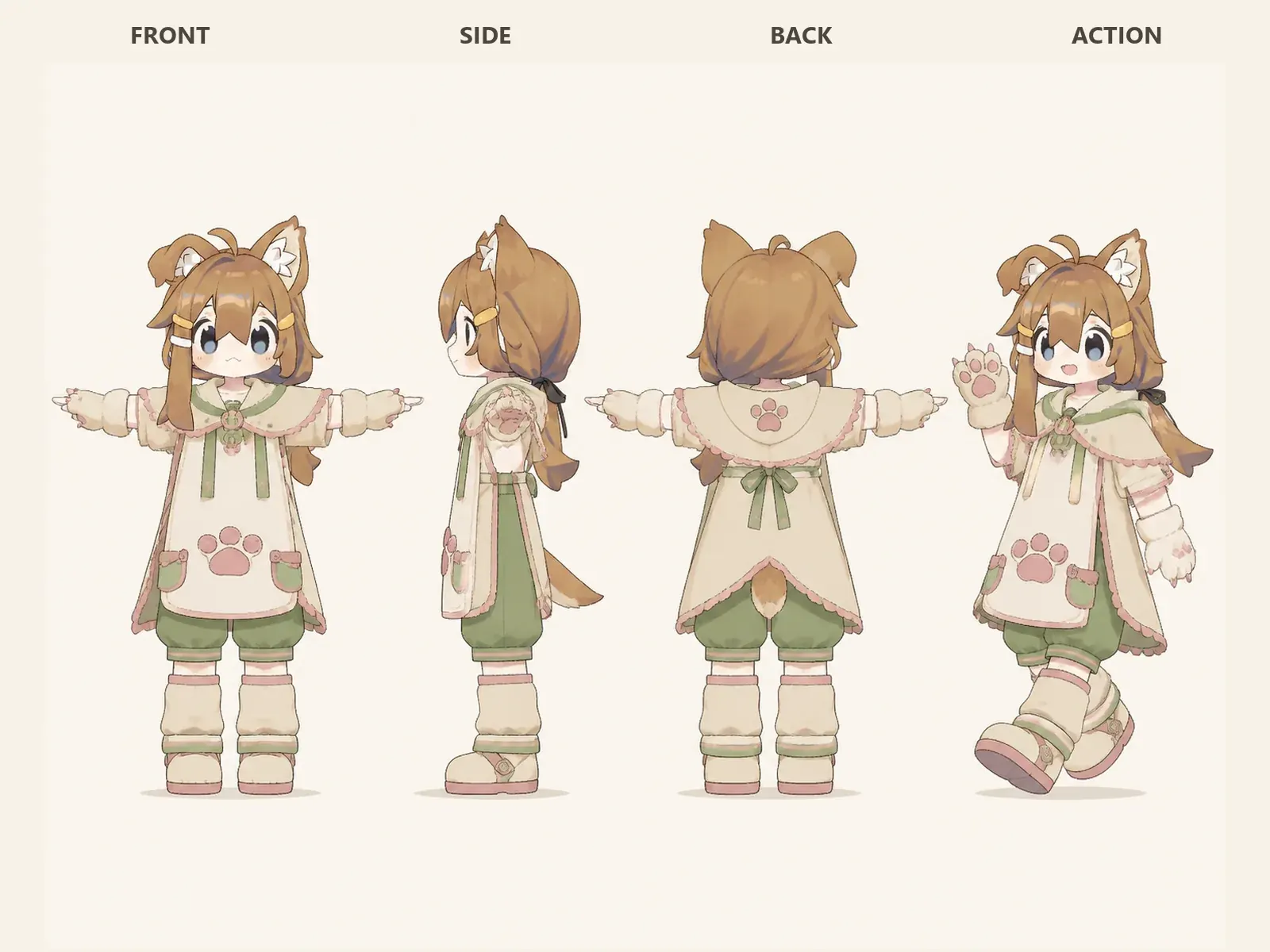 朝凪のケモノ・アニマル仮装・医療・ケア衣装を着たデフォルメ・ユニセックスモデルの正面、左側面、背面、任意ポーズを左から並べた衣装設計図。