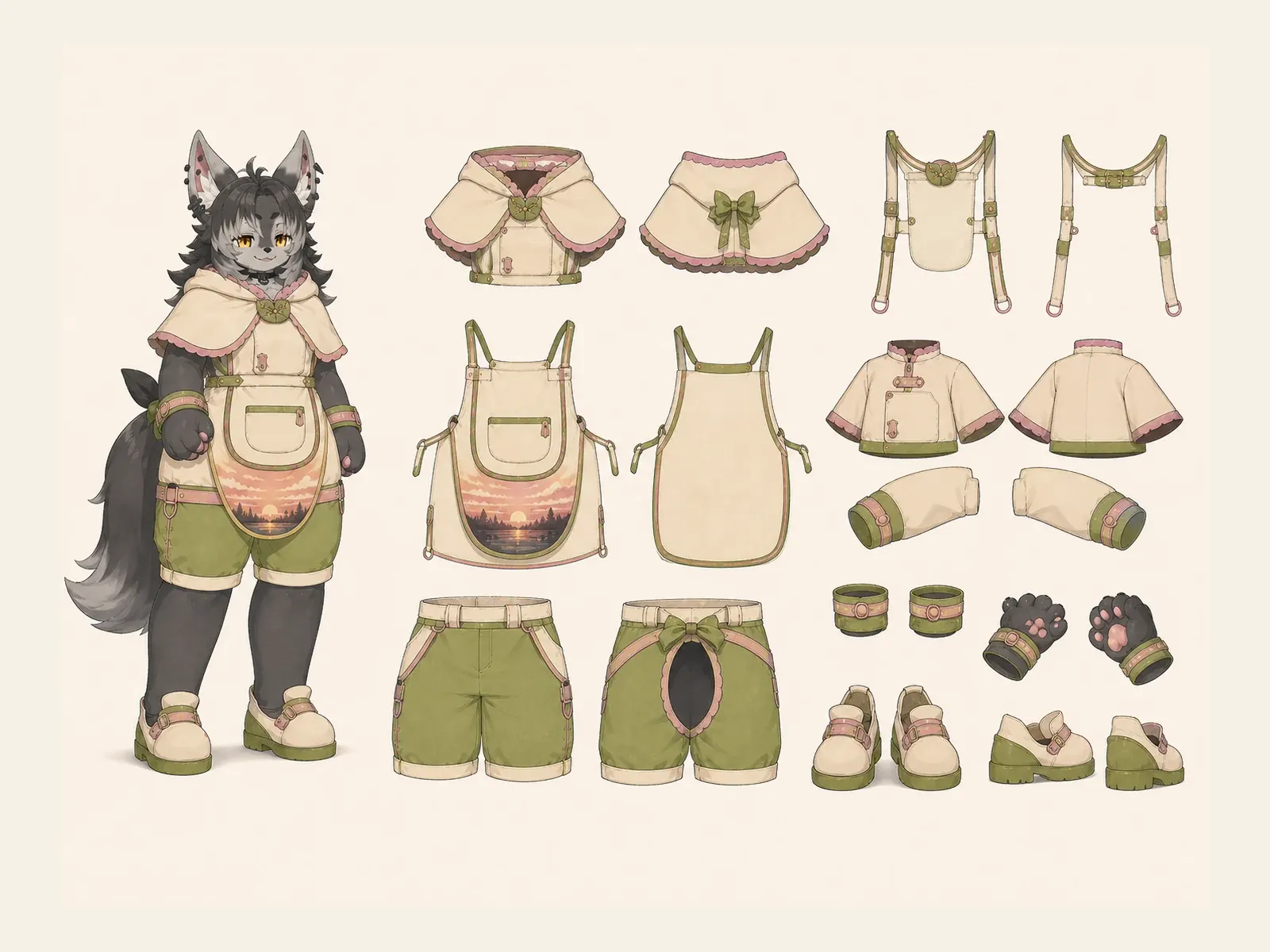 夕映えのケモノ・アニマル仮装・医療・ケア衣装の衣装設定画。着用全身と衣装部品の構造を示す独立設定画。