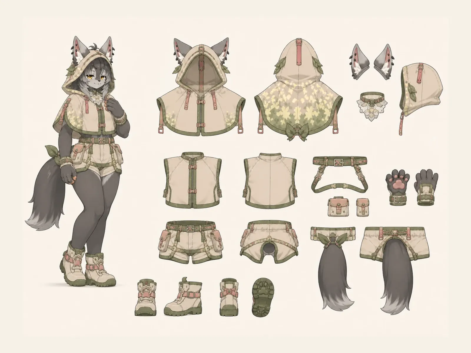 木漏れ日のケモノ・アニマル仮装・アウトドア・野外活動衣装の衣装設定画。着用全身と衣装部品の構造を示す独立設定画。