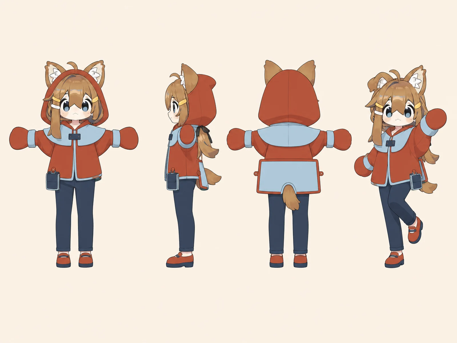 朝凪のケモノ・アニマル仮装・パーティー・社交衣装を着たデフォルメ・ユニセックスモデルの正面、左側面、背面、任意ポーズを左から並べた衣装設計図。