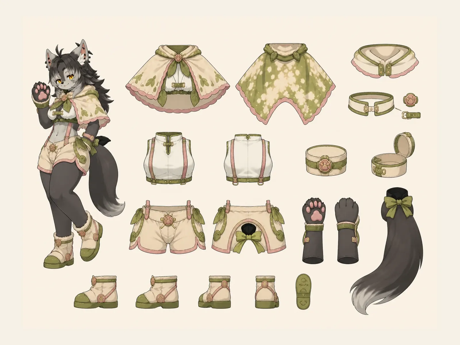 木漏れ日のケモノ・アニマル仮装・パーティー・社交衣装の衣装設定画。着用全身と衣装部品の構造を示す独立設定画。