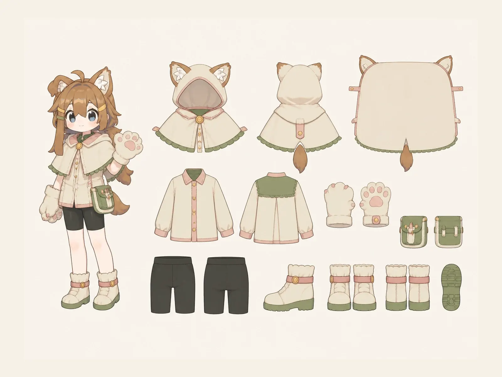朝凪のケモノ・アニマル仮装・研究・教育衣装の衣装設定画。着用全身と衣装部品の構造を示す独立設定画。