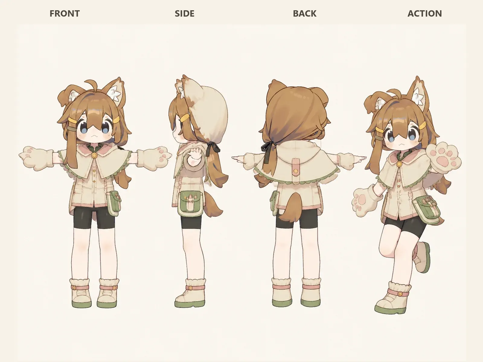朝凪のケモノ・アニマル仮装・研究・教育衣装を着たデフォルメ・ユニセックスモデルの正面、左側面、背面、任意ポーズを左から並べた衣装設計図。