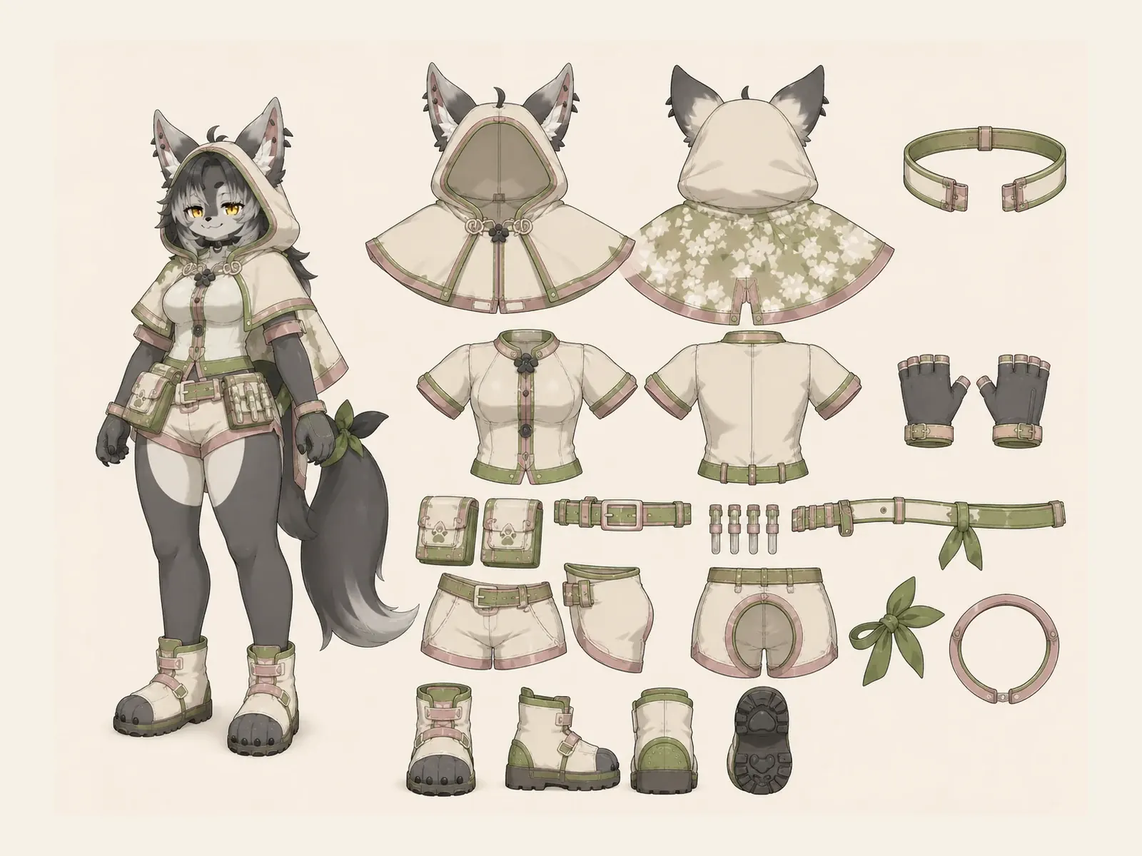 木漏れ日のケモノ・アニマル仮装・研究・教育衣装の衣装設定画。着用全身と衣装部品の構造を示す独立設定画。