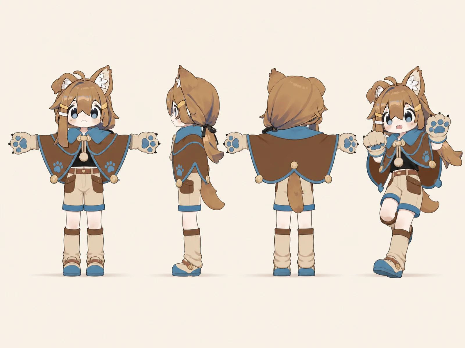 朝凪のケモノ・アニマル仮装・舞台・撮影衣装を着たデフォルメ・ユニセックスモデルの正面、左側面、背面、任意ポーズを左から並べた衣装設計図。