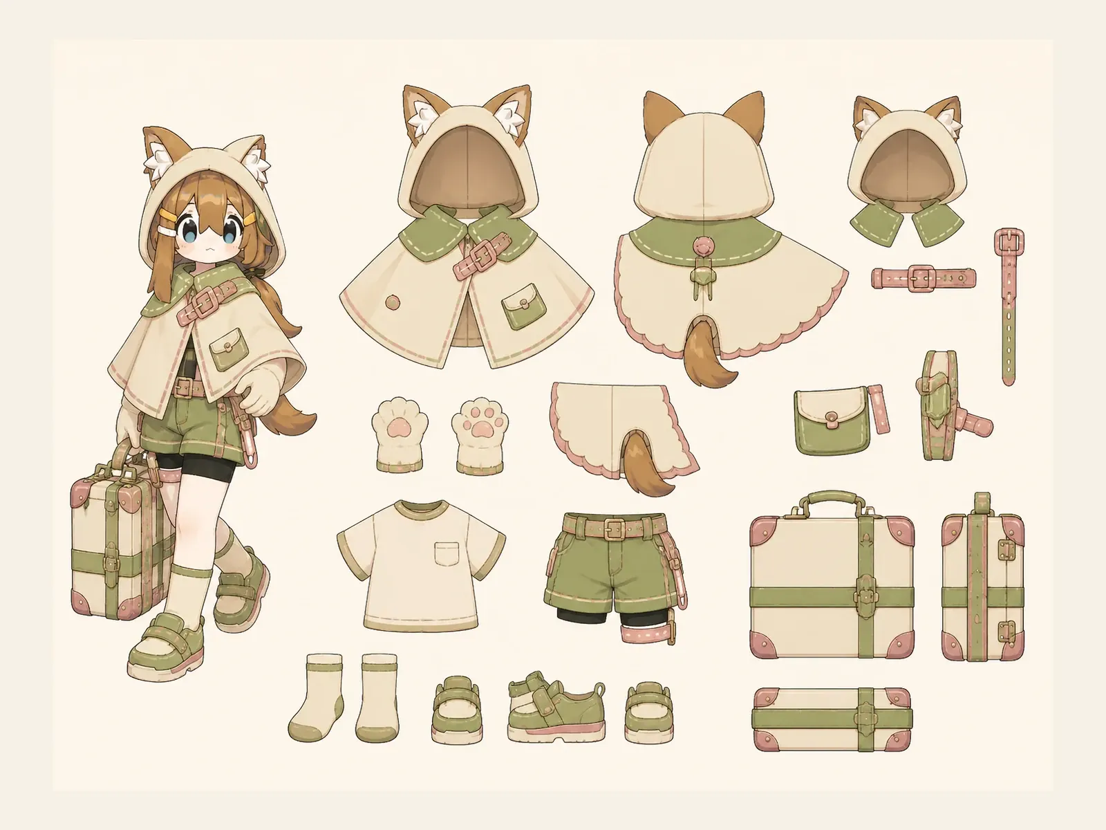 朝凪のケモノ・アニマル仮装・旅行・移動衣装の衣装設定画。着用全身と衣装部品の構造を示す独立設定画。