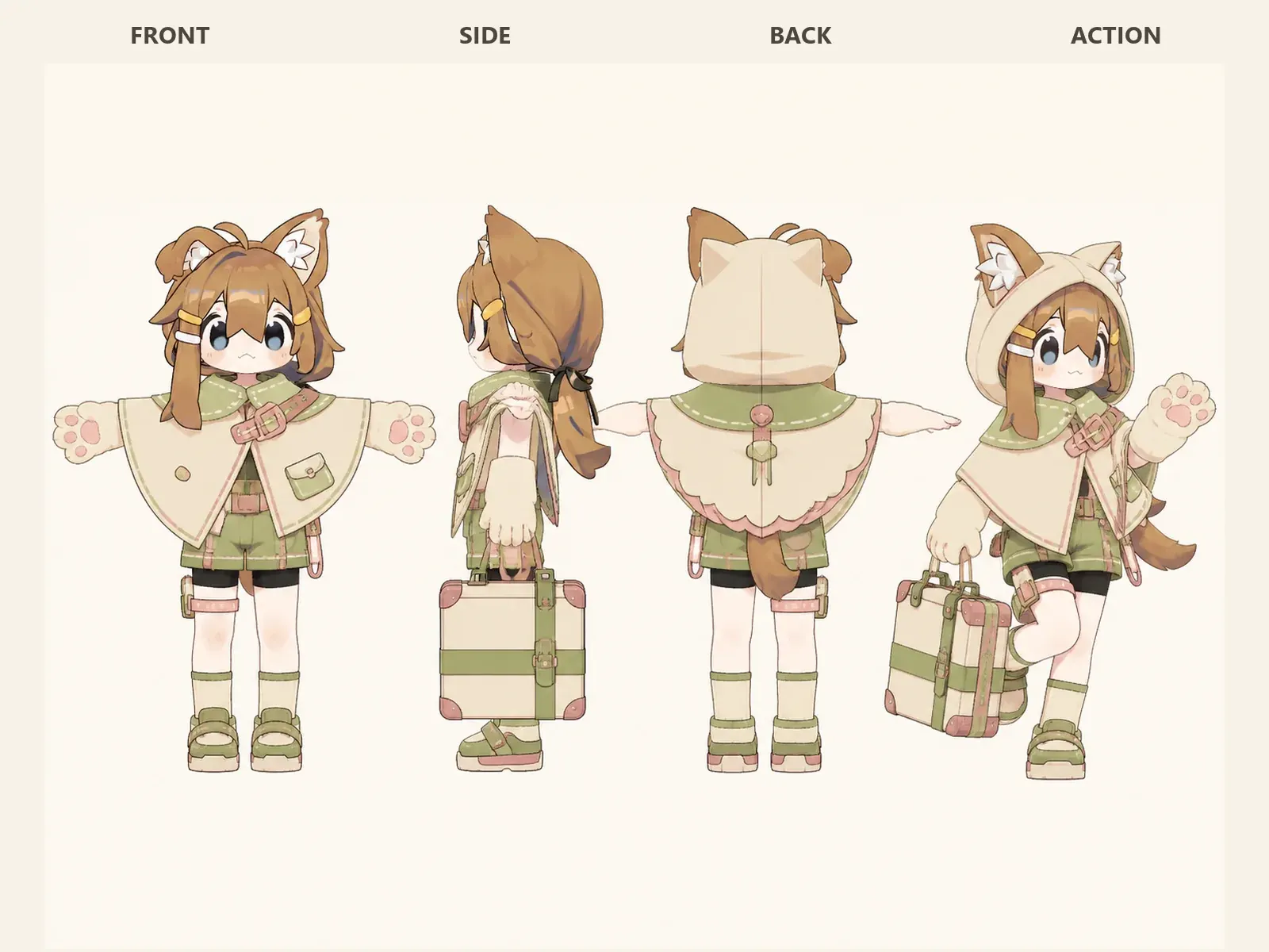 朝凪のケモノ・アニマル仮装・旅行・移動衣装を着たデフォルメ・ユニセックスモデルの正面、左側面、背面、任意ポーズを左から並べた衣装設計図。