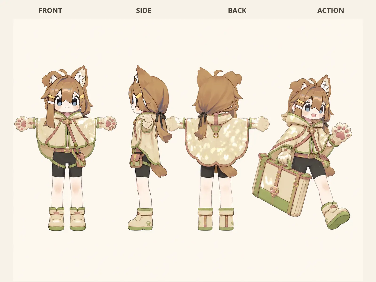 木漏れ日のケモノ・アニマル仮装・旅行・移動衣装を着たデフォルメ・ユニセックスモデルの正面、左側面、背面、任意ポーズを左から並べた衣装設計図。