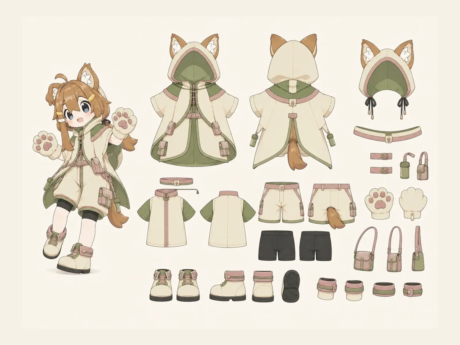 朝凪のケモノ・アニマル仮装・仕事・作業衣装の衣装設定画。着用全身と衣装部品の構造を示す独立設定画。